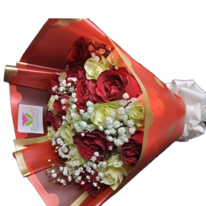 Welcoming Bouquet with red and white roses and baby's breath, arranged by Nectar Flower Shop Nairobi – perfect for housewarming, new baby, or romantic gestures, available with same-day delivery in Nairobi.