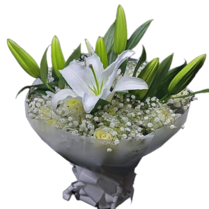 White Affair bouquet with white roses, lilies, and baby's breath – elegant flower arrangement by Nectar Flower Shop Nairobi