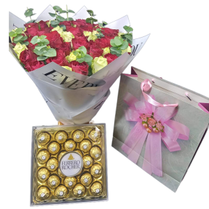 Shop the Ferrero Combo Bouquet of white and red roses, eucalyptus, and Ferrero Rocher T24 chocolate. Express your feelings with flowers today.Shop the Ferrero Combo Bouquet of white and red roses, eucalyptus, and Ferrero Rocher T24 chocolate. Express your feelings with flowers today.