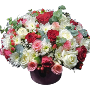 Paradise Hut Box with red, white, and pink roses, eucalyptus, baby’s breath, chrysanthemums, and hypericum in a luxury floral gift box.