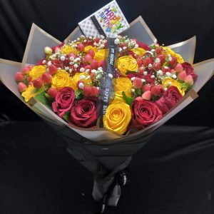 Yellow Red Rose Bouquet featuring fresh red and yellow roses with baby's breath, beautifully wrapped for delivery in Nairobi.