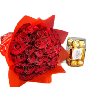 The Amorous Affair Bouquet with Red Roses and Ferrero Rocher Chocolates, a stunning combination of fresh red roses, delicate gypsy flowers, and Ferrero Rocher chocolates, ideal for romantic gestures and special occasions like anniversaries, Valentine's Day, and birthdays. Delivered fresh with same-day delivery in Nairobi and fresh flower delivery services.