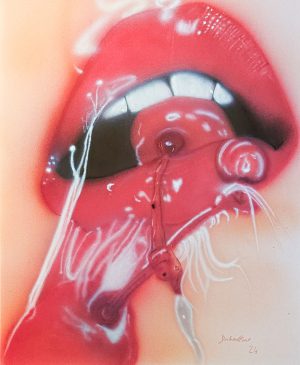 Original Airbrush-Kunstwerk Rote Versuchung – Fotorealistische rote Lippen auf Bristol Zeichenkarton, Pop-Art Unikat