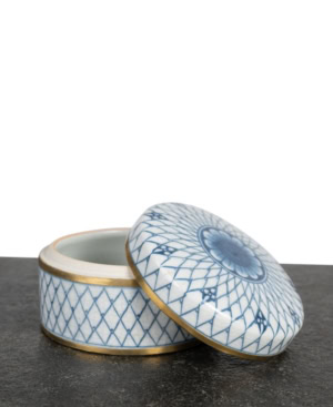 boxed shaped blue and white ceramic container with brass trim from Mulberry Home India