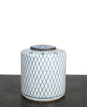 cannister shaped blue and white ceramic container with brass trim from Mulberry Home India