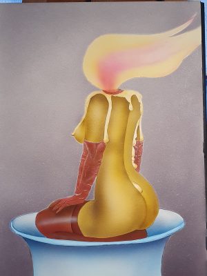Handgemaltes Freihand Airbrush-Gemälde Die flammende Venus – Sinnlicher weiblicher Akt als brennende Kerze im 50er Jahre Pin-Up-Stil