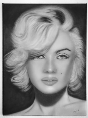 Original Airbrush-Porträt Marilyn Monroe – Handgemaltes schwarz-weiß Gemälde auf Leinwand mit blauen Lippen als Pop-Art Unikat