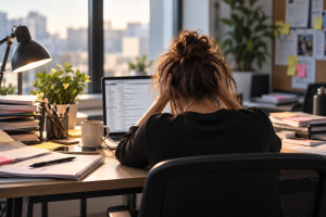 Tired and stressed woman sitting at her desk with her head in her hands