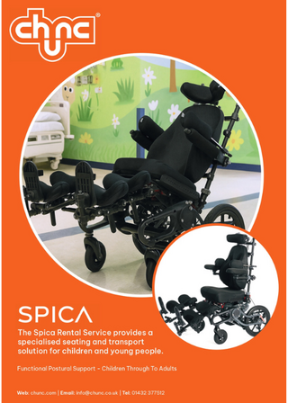 Spica paediatric postural chair brochure showing product features and short-term rental option