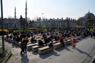 Istanbul, Turkey, Blue Moaque benches
