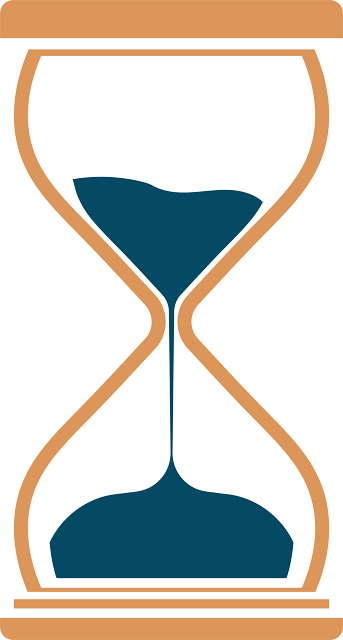 Stilisierte, orange Sanduhr mit blauem, durchlaufendem Sand.