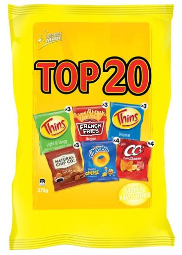 SNACKBRANDS TOP 20 VARIETY POTATO CHIPS 375GM Pack Size: 7