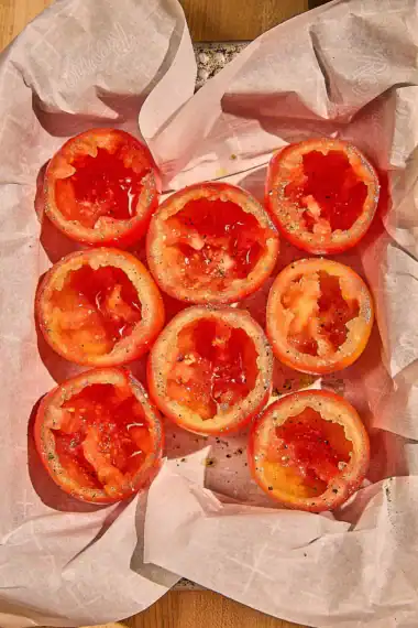prepping tomatoes for Italian stuffed tomatoes