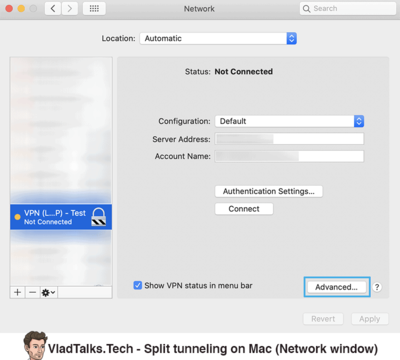 Manually set up split tunneling - Network window