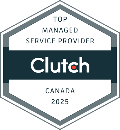 Hexagonal badge displaying Top Managed Service Provider at the top, Clutch in bold in the center, and Canada 2025 at the bottom. The design uses a gray and white color scheme.
