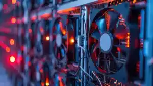 Cooling fans and data processing hardware inside a data center.