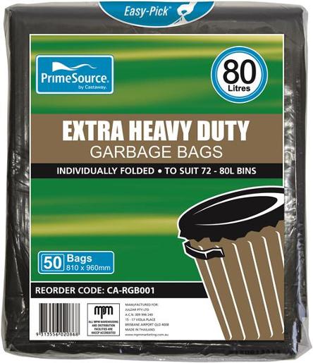 CAST AWAY GARBAGE BAGS HEAVY DUTY EASY-PICK BLACK 72-8L 50S Pack Size: 4