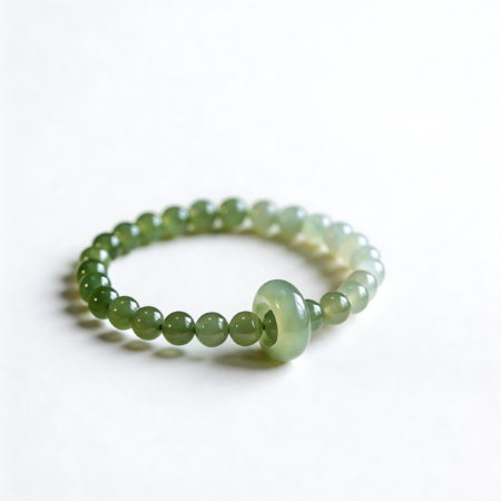 A delicate green jade bead bracelet with a larger, oval jade bead charm, displayed on a clean white background.