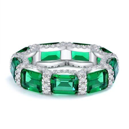 Emerald Cut Green Nano Eternity Band | 925 Sterling Silver with Pave-Set Accents