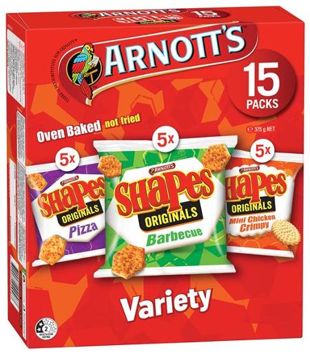 ARNOTTS SHAPES SNACKS VARIETY MP BOX 375GM Pack Size: 6
