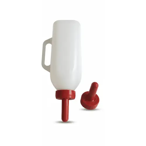 2–3L white plastic calf feeding bottle with red teat and ergonomic handle – durable nursing bottle for dairy calves in Kenya