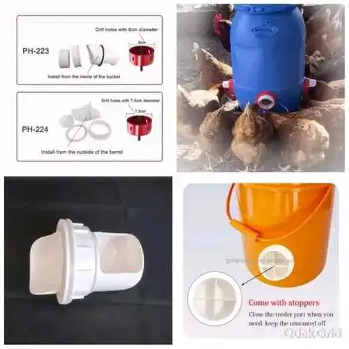 PH-223 / PH-224 automatic chicken feeder port – DIY gravity-fed bucket feeder nozzle with anti-waste cup for poultry in Kenya
