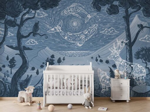Fotobehang met fantasie landschap en dieren illustratie