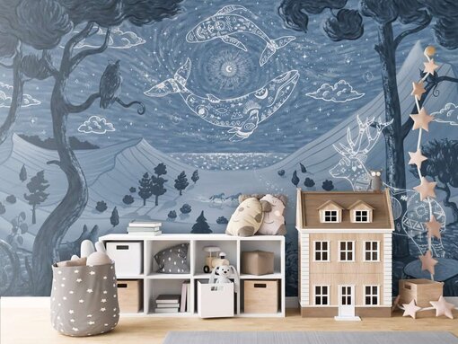 Spirit Night behang met hert, wolf en sterrenlucht