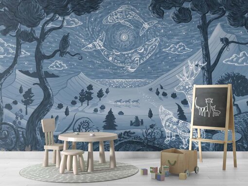 Kinderkamer muurdecoratie met magisch nacht landschap