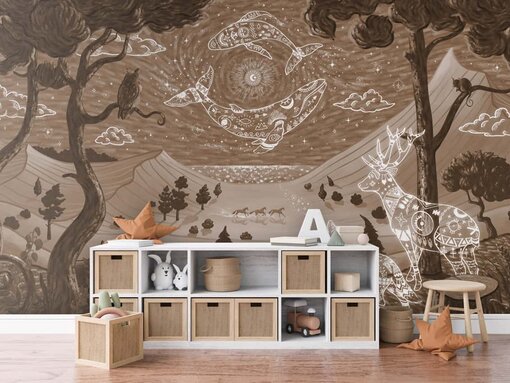 Fotobehang met fantasie landschap en dieren illustratie