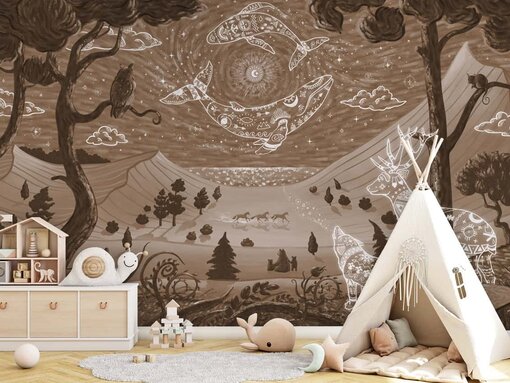 Kinderkamer muurdecoratie met magisch nacht landschap