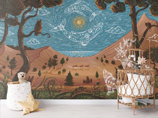 Fotobehang met fantasie landschap en dieren illustratie