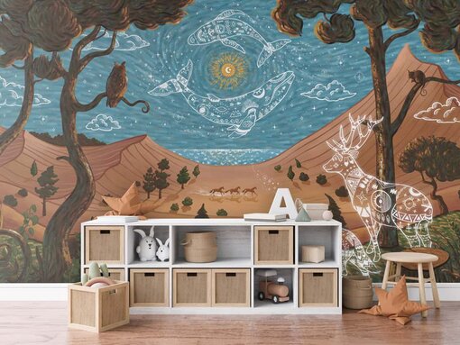 Spirit Night fotobehang met sterrenhemel en dieren in mystiek landschap