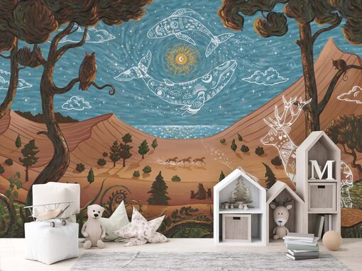 Spirit Night behang met hert, wolf en sterrenlucht