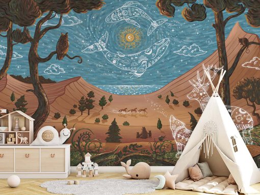 Kinderkamer muurdecoratie met magisch nacht landschap