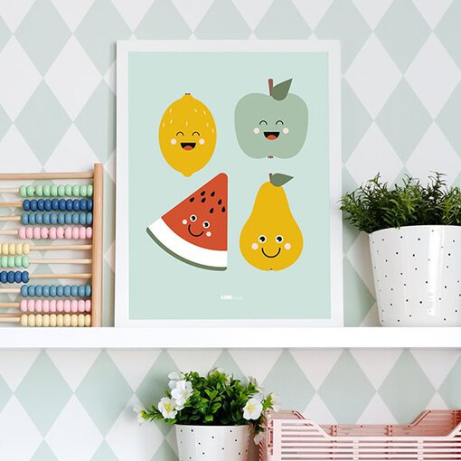 kinderkamer poster fruit, met lachende gezichten