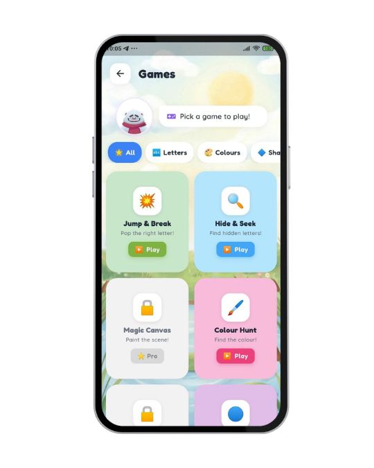 Todpoles app showing interactive learning games for toddlers