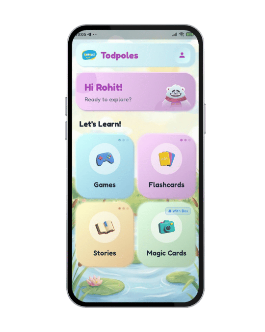 Todpoles app showing Hindi letters and interactive games for kids