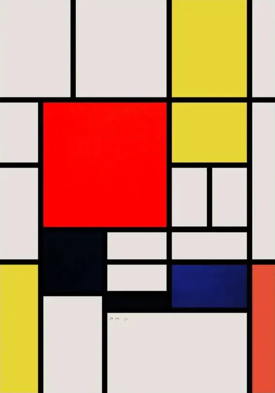Piet Mondrian composition with red yellow black gray and blue