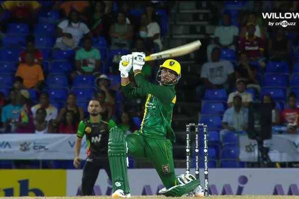 Maaz Sadaqat bats for Jamaica Kingsmen during the 2026 CPL Final