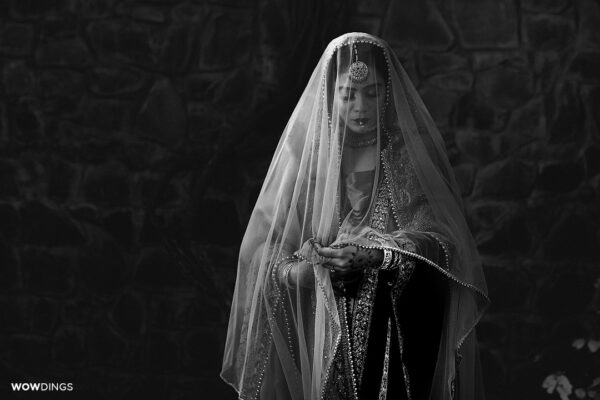 Beautiful black and white portrait of a muslim bride in Delhi at a nikaah