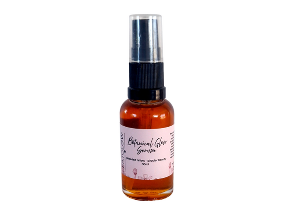 Botanical Glow Serum by Fatglow - 30ml glass bottle with pump, grass-fed tallow and circular beauty serum handcrafted in Taranaki, New Zealand