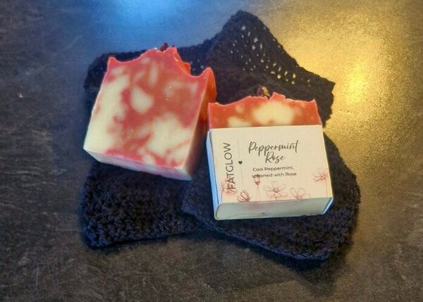 Handcrafted peppermint rose grass-fed tallow soap naturally coloured with Himalayan rhubarb, made in Taranaki New Zealand by Fatglow