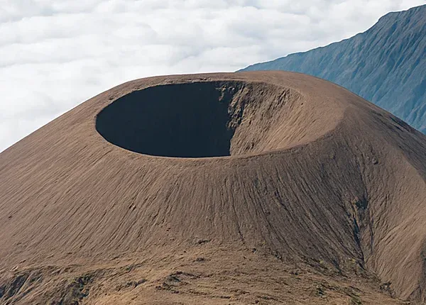 Stunning close up view from Mount Meru’s summit overlooking the crater and surrounding landscapes in Tanzania