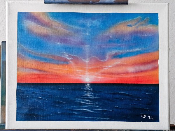 Original Airbrush-Gemaelde Sonnenuntergang am Meer – Stimmungsvolle maritime Landschaft mit weichen Farbverlaeufen und Lichtreflexen auf den Wellen in reiner Freihand-Technik