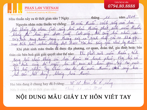 Nội dung mẫu giấy ly hôn viết tay.