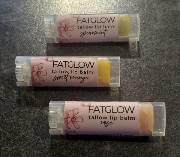 Fatglow Botanical Lip Collection — Sweet Orange Annatto, Rose Alkanet and Spearmint Spirulina grass-fed tallow lip balms, naturally infused botanical lip treatments handmade in New Zealand