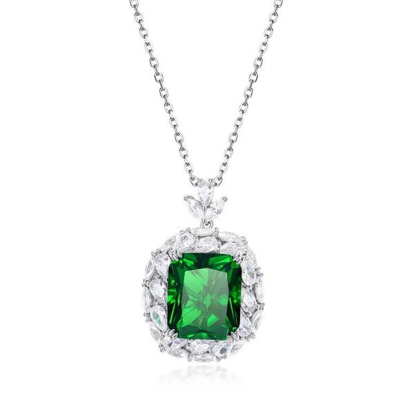 Emerald Pendant Necklace with Diamond Halo | Sterling Silver