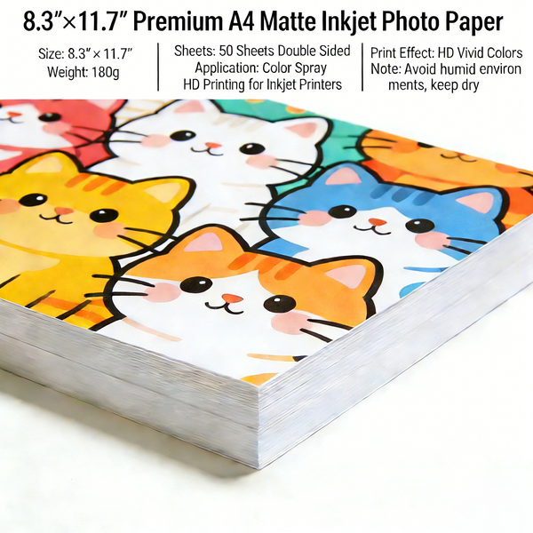 8.3"× 11.7" Premium A4 Matte Inkjet Photo Paper 180g - 50 Sheets Double Sided, Color Spray HD Printing for Inkjet Printers - Image 2