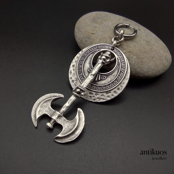 Minos, large earring with a round shield and double headed axe. small hoop